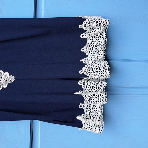 Adorable Navy Dress w/ White Embroidered Style Lace - Picture 3 of 6